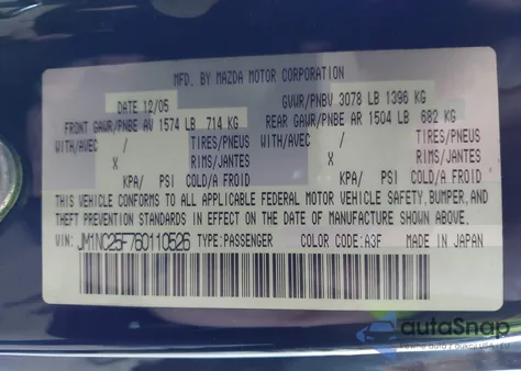 2006 Mazda Mx-5 Sport from USA, damaged, VIN JM1NC25F760110526